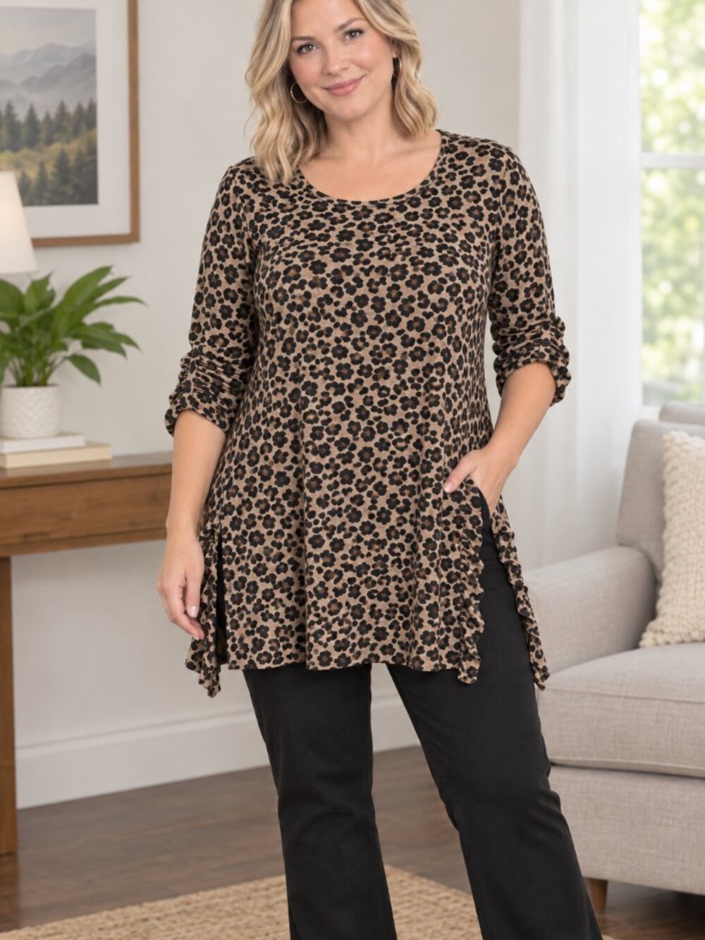 Terra & Sky Women's Pullover Animal Print Top Size 14W Ruched Sleeve Ruffle Slit